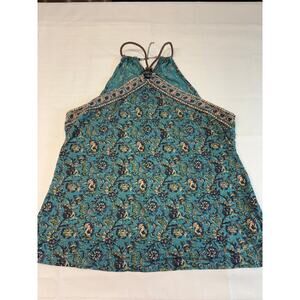 Chaps Halter Top Teal Paisley with Leather Rope Accent Size L